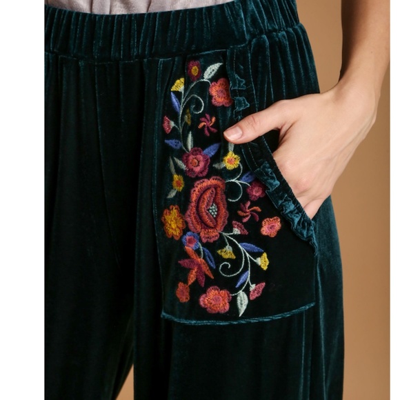 "The Eloise" Green Velvet Wide Leg Pants with Embroidery Detail - Picture 2 of 5